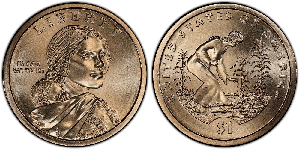 2009 Sacagawea Native American dollar obverse showing Sacagawea portrait and Three Sisters reverse