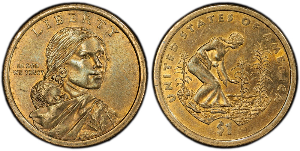 Comparison of normal 2009 Sacagawea dollar edge lettering vs missing edge lettering error showing smooth blank edge