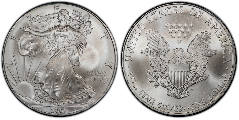 2009 American Silver Eagle one-ounce silver bullion coin showing Walking Liberty obverse and heraldic eagle reverse