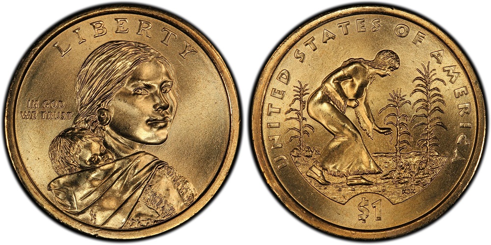 Group of 2009 Native American Sacagawea dollars showing Philadelphia and Denver mint marks on coin edges with Three Sisters reverse design visible