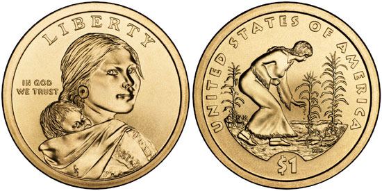 2009 Sacagawea dollar grading strip showing four condition tiers from worn to gem uncirculated
